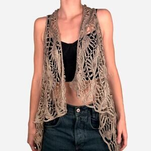 Crocheted boho brown tan vest with fringe - small